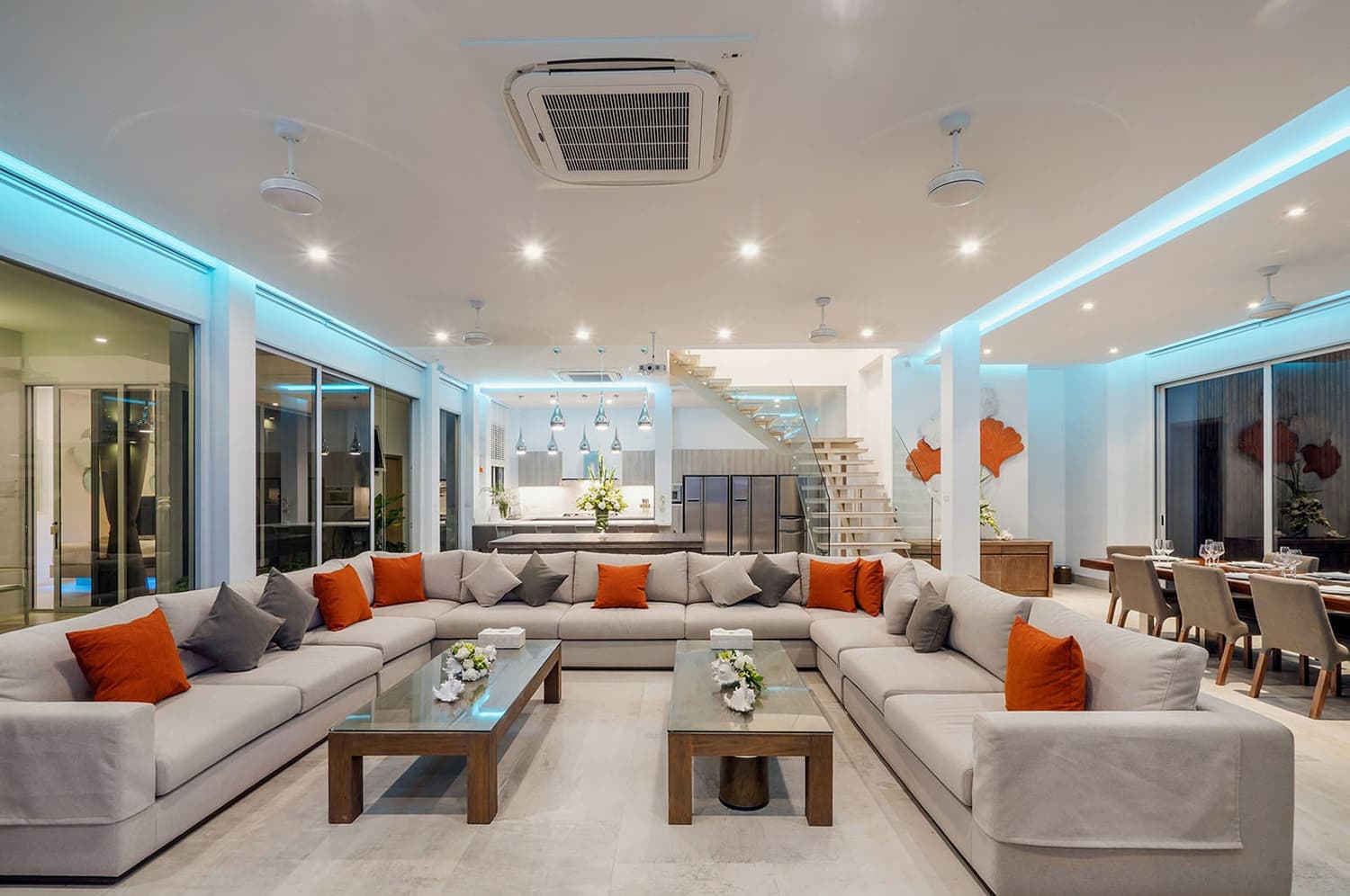 Open-plan living room in the main pavilion
